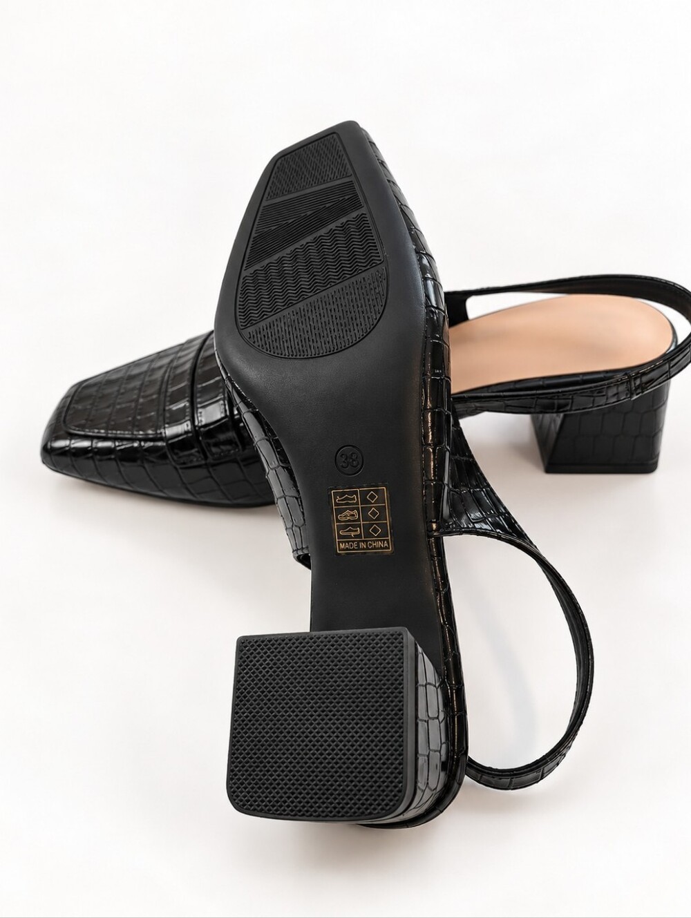Black Croc Embossed Slingback Loafer Pumps Block Heel Shoes EU 39 - Picture 6 of 9